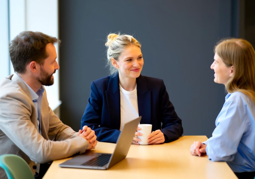 Overleg tussen werkgever, werknemer en adviseur op kantoor