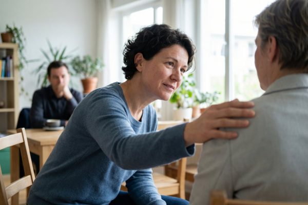 Menselijk en betrokken gesprek in een lichte kamer