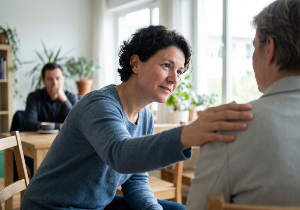 Menselijk en betrokken gesprek in een lichte kamer