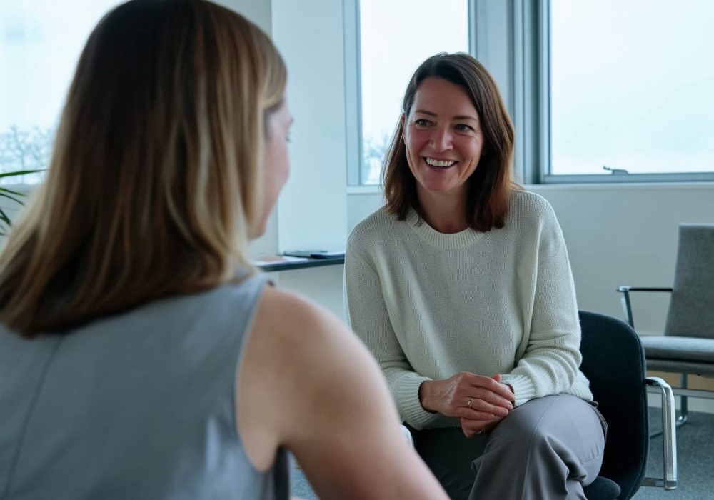 Vrouwelijke coach helpt medewerker met herstel en balans